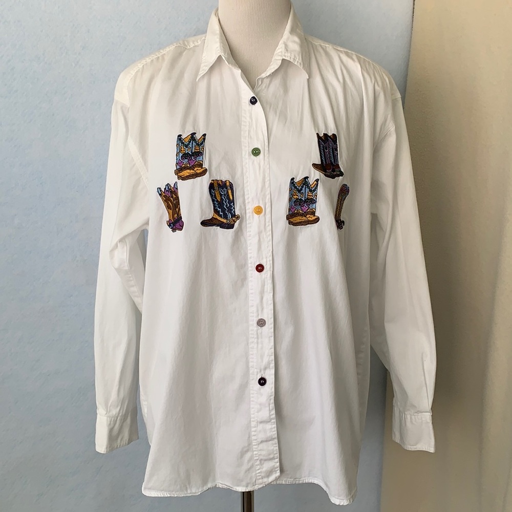 At Last White Button Down Shirt with Colorful Embroidery